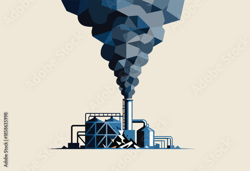 Geometric factory with dark smoke plumes billowing into a pale sky