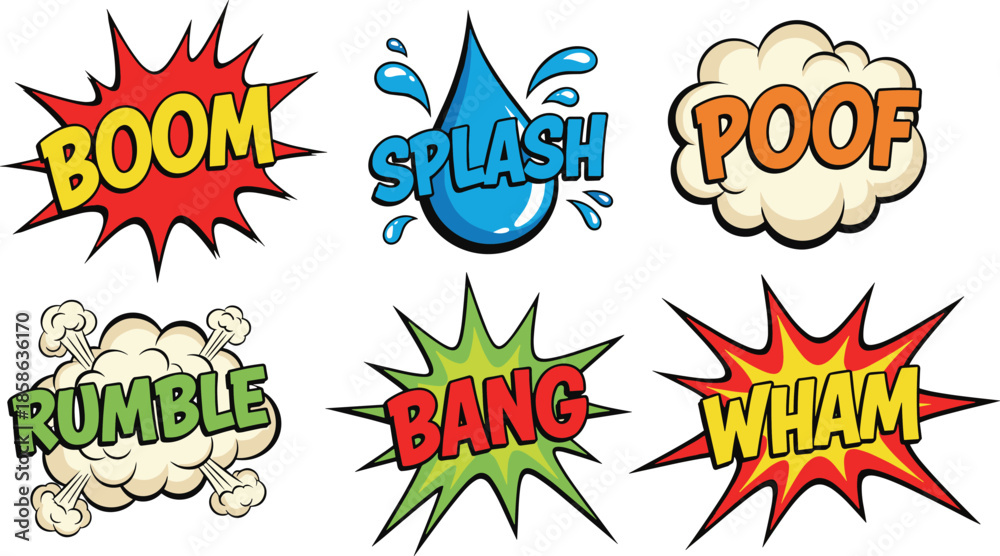 Obraz premium Colorful comic sound effect stickers set with boom splash poof bang wham rumble words in pop art cartoon style