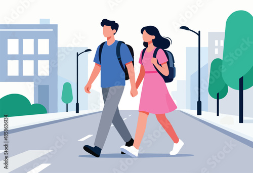 Couple holding hands crossing street with backpacks on city street background