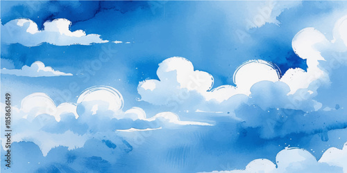 A beautiful clear blue sky with bright white clouds and radiant sunlight creates a stunning summer cloudscape view of nature on a sunny day