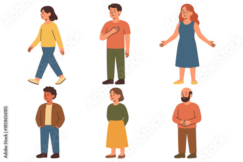 Diverse characters in casual outfits walking and standing on white background