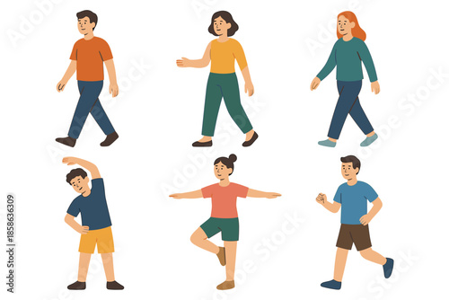 Diverse characters in flat style walking, stretching, exercising and jogging