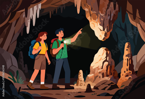 Two explorers with backpacks and flashlight discover cave formations
