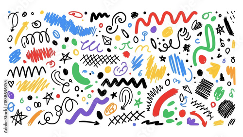 Abstract Doodle Art Elements Collection, Hand-Drawn Scribbles, Swirls, Stars, and Geometric Shapes for Creative Design