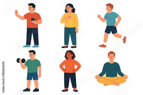 Diverse characters engaging in various activities: fitness, running, and relaxation in flat design