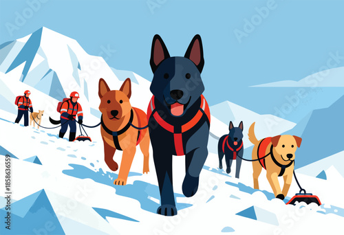 Dogs and rescuers trek across a snowy mountain landscape