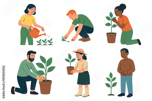 Diverse people engaging in gardening activities with plants and seedlings