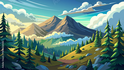 Mountain forest vector with clouds drifting between treetops, serene aerial perspective