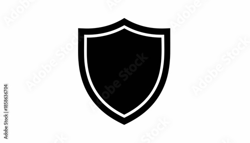 A black shield icon on a white background, representing protection, security, and safety for digital and physical assets