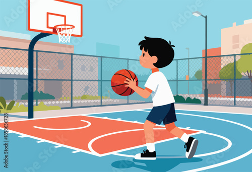 Boy dribbling a basketball on an outdoor court