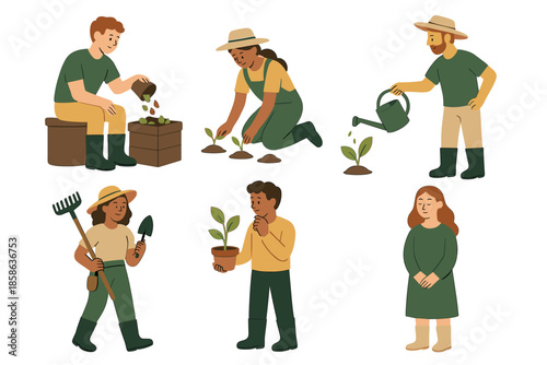 Gardening team engaged in plant care activities in flat illustration style