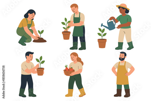 Diverse people gardening together with plants and tools in minimalist design