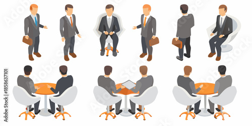 Isometric business people in various poses and meeting scenarios illustration