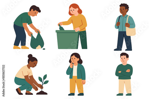 Diverse people engaged in eco-friendly activities and daily life