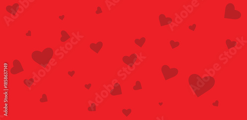 Romantic red hearts pattern illustration on a white background for a Valentine's Day wallpaper design with pink rose shapes and decorative symbols for a wedding card