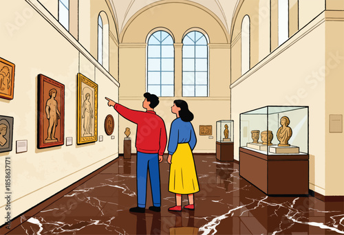 Couple observes ancient artwork and sculptures in a museum gallery
