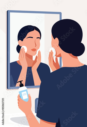 Woman uses cotton pads and liquid to cleanse face in front of mirror