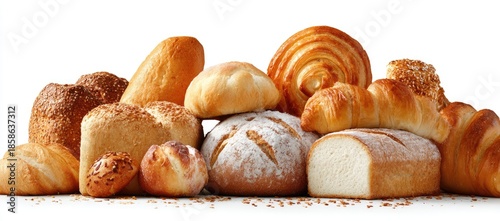 A diverse collection of baked goods, including bread loaves, rolls, croissants, and a round loaf