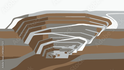 Cross-section of an open-pit mine showing tiered excavation and heavy machinery, Geological strata in a simplified graphic style
