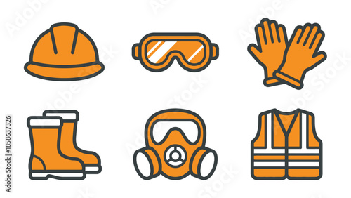 Safety equipment icons, personal protective equipment for industrial workers, construction and mining gear
