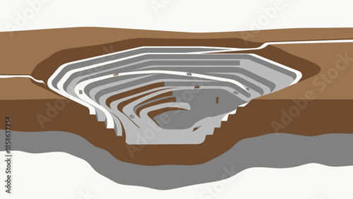 Cross-section of a vast open-pit mine with terraced levels and large trucks operating, illustration of excavation and resource extraction, aerial view of layered earth and mining operations