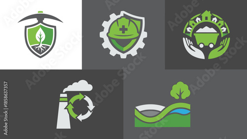 Environmental mining icons representing natural resources, safety, collaboration, and sustainable practices, green and grey color scheme