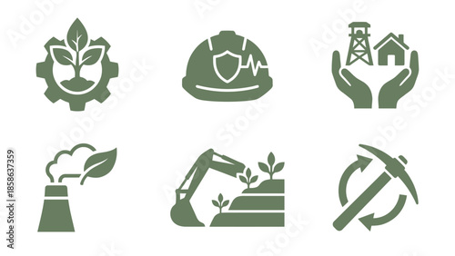 Eco-friendly industry symbols and safety icons, depicting sustainable growth and resource management, alongside protection and development concepts