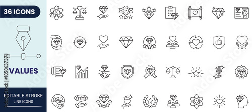 Values line icon set. Includes Diamond, quality, success, achievement, gem, ideal, and more. Editable stroke. Vector illustration.
