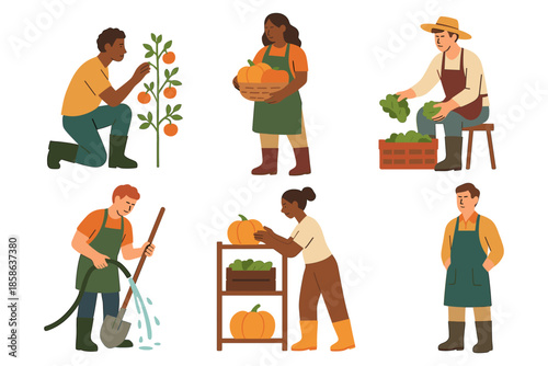 Diverse farmers engaged in gardening activities and harvesting bountiful crops