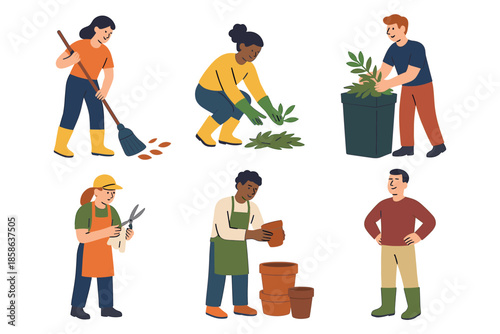 Community gardening activities: people engaged in outdoor plant care and maintenance