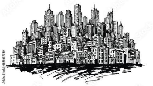 Abstract city skyline silhouette with creative ink drip effect and watercolor splash