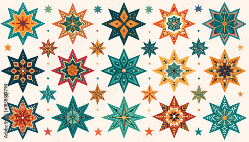 Colorful Geometric Starburst Ornaments Celebrating Festive Holidays and Celestial Wonder