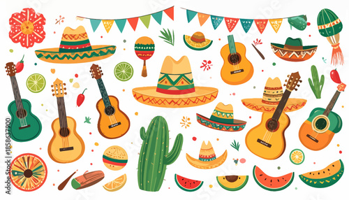 Mexican Fiesta Celebration Elements Hats, Guitars, Cacti, and Maracas for Festive Design