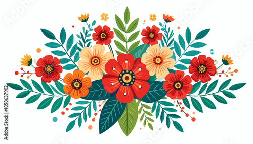 Vibrant floral arrangement featuring red and orange blossoms with lush green foliage, perfect for decorative or celebratory themes