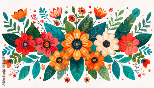Vibrant floral illustration with cheerful red, orange, yellow blossoms and lush green leaves. Captures natural beauty and spring's refreshing spirit