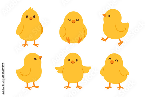 Cute cartoon chicks in various poses on white background