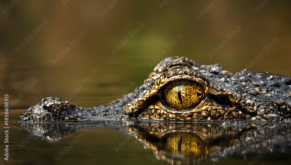 Fototapeta premium Detailed view of a crocodiles eye showing yellow iris and slit pupil, highlighting reptile vision