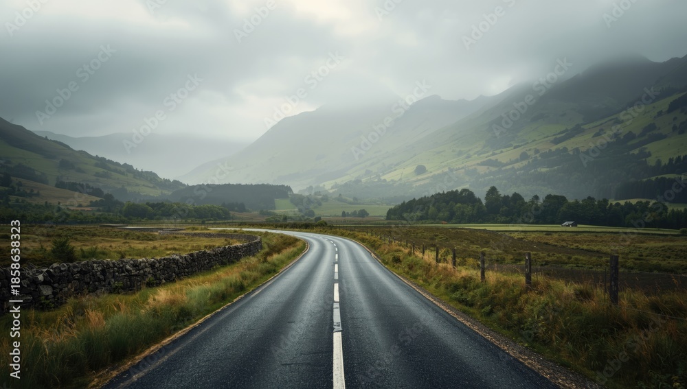 Naklejka premium Curving mountain road with fog-shrouded peaks, highlighting rural accessibility challenges