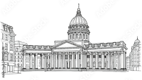 Architectural sketch of a classical public building facade with grand stairs