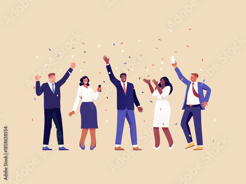 Celebration of success a diverse team rejoices with confetti falling down