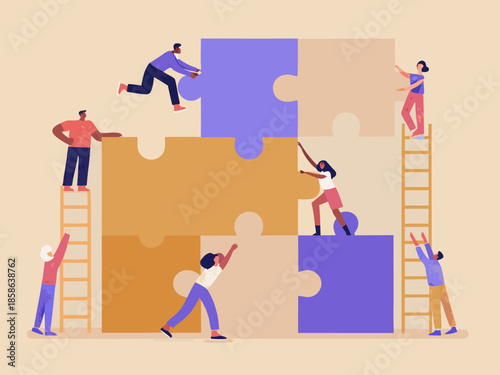 People collaborating to connect puzzle pieces symbolizing teamwork and problem solving