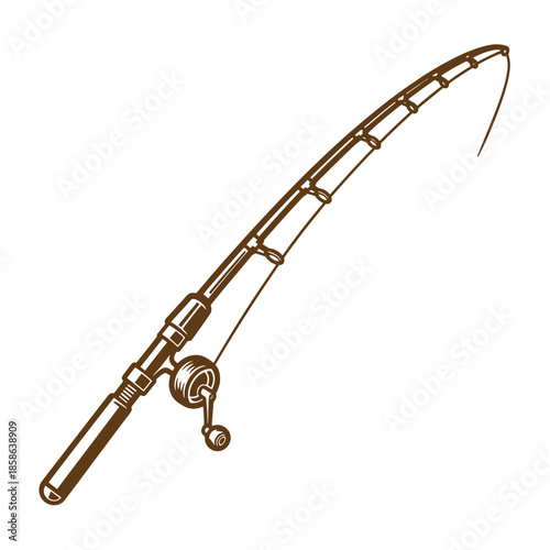 Vintage A brown fishing rod with reel and line on a plain white background for outdoor or recreational use