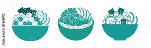 Three stylized teal bowls filled with various ingredients, including cubed fish, rice, avocado slices, and seaweed, presented in a clean, modern illustration style.