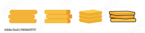 Four stacks of yellow rectangular objects, possibly representing coins or food items, are displayed against a white background.