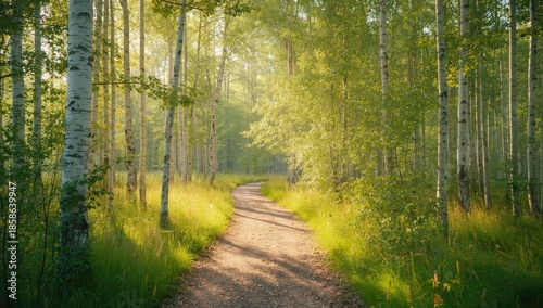 Birch forest trail during s...