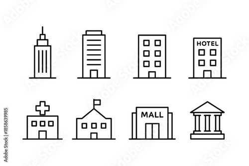 Collection of simple linear building icons for urban projects