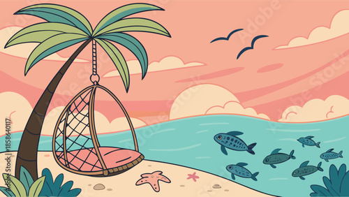 Tropical Beach Sunset Relaxation with Palm Tree Swing and Ocean View