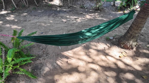 Tranquil Green Hammock Nestled Between Trees in Natures Embrace, Surrounded by Sandy Ground and Lush Foliage, Perfect for Outdoor Relaxation and Leisure Under Sunlight