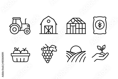 Farm and agriculture icons: tractor, barn, greenhouse, and more in linear style