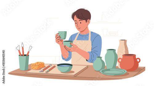 Focused man working on ceramics in a modern pottery studio, holding a green cup while surrounded by various tools and handcrafted clay pieces.